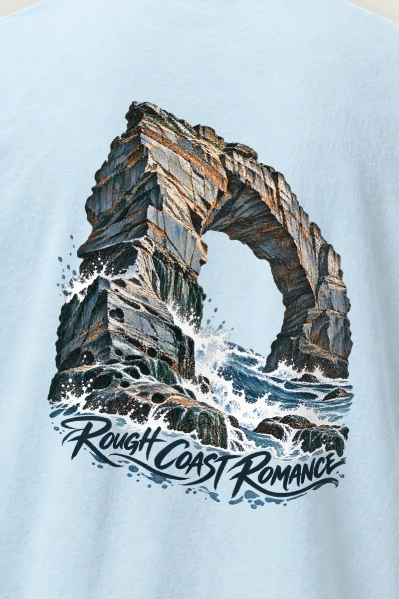 "Rough Coast Romance" Heavyweight Unisex Crewneck T-shirt - the graphic up close