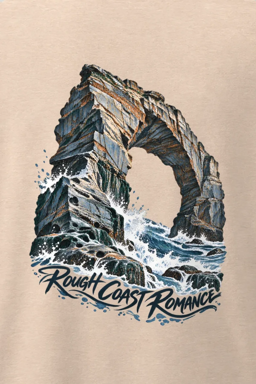 "Rough Coast Romance" Men’s Oversized Heavyweight Crewneck T-Shirt - the graphic up close