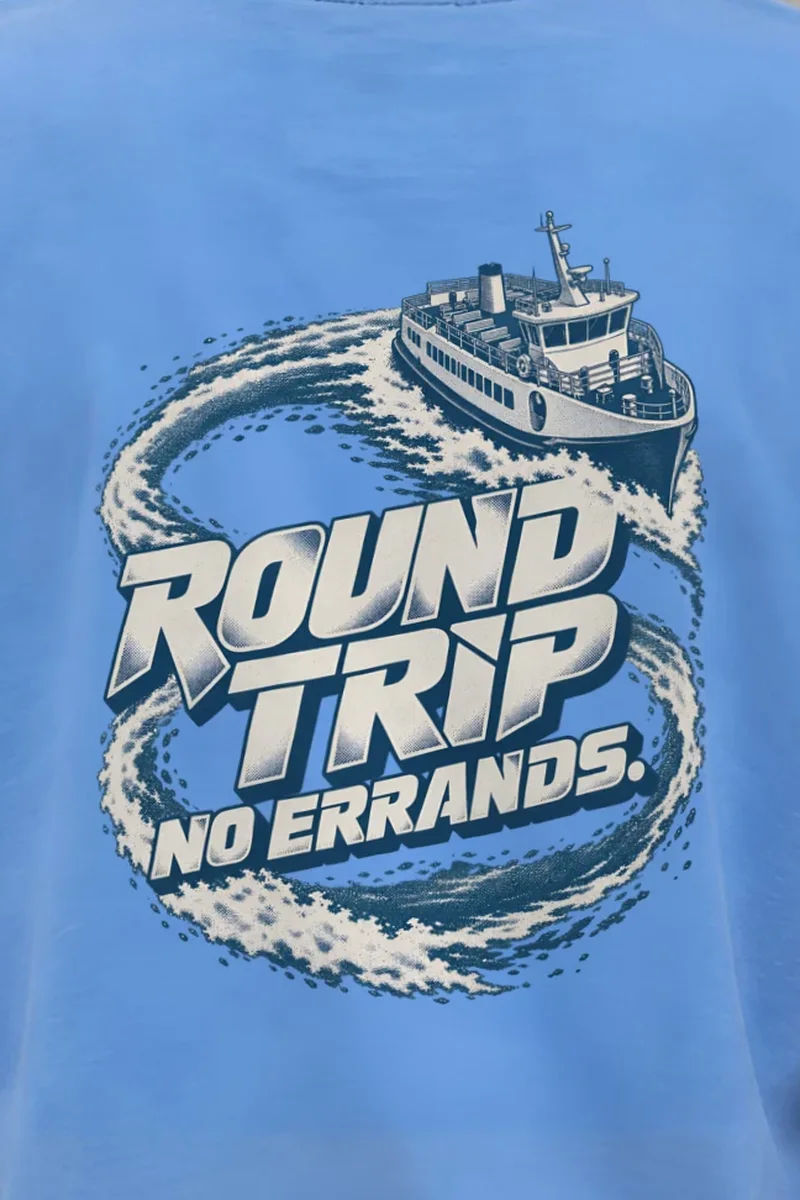 "Round Trip No Errands" Heavyweight Unisex Crewneck T-shirt - the graphic up close