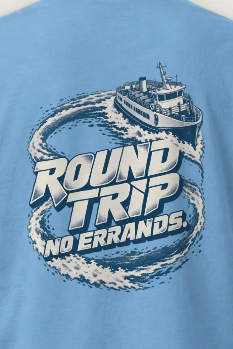 "Round Trip No Errands" Heavyweight Unisex Crewneck T-shirt - the graphic up close