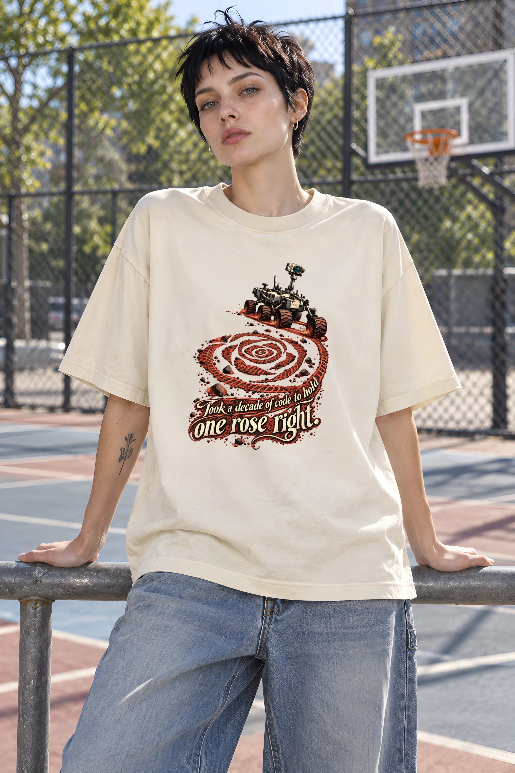 "Rover Track Rose" Unisex Oversized Heavyweight Crewneck T-Shirt