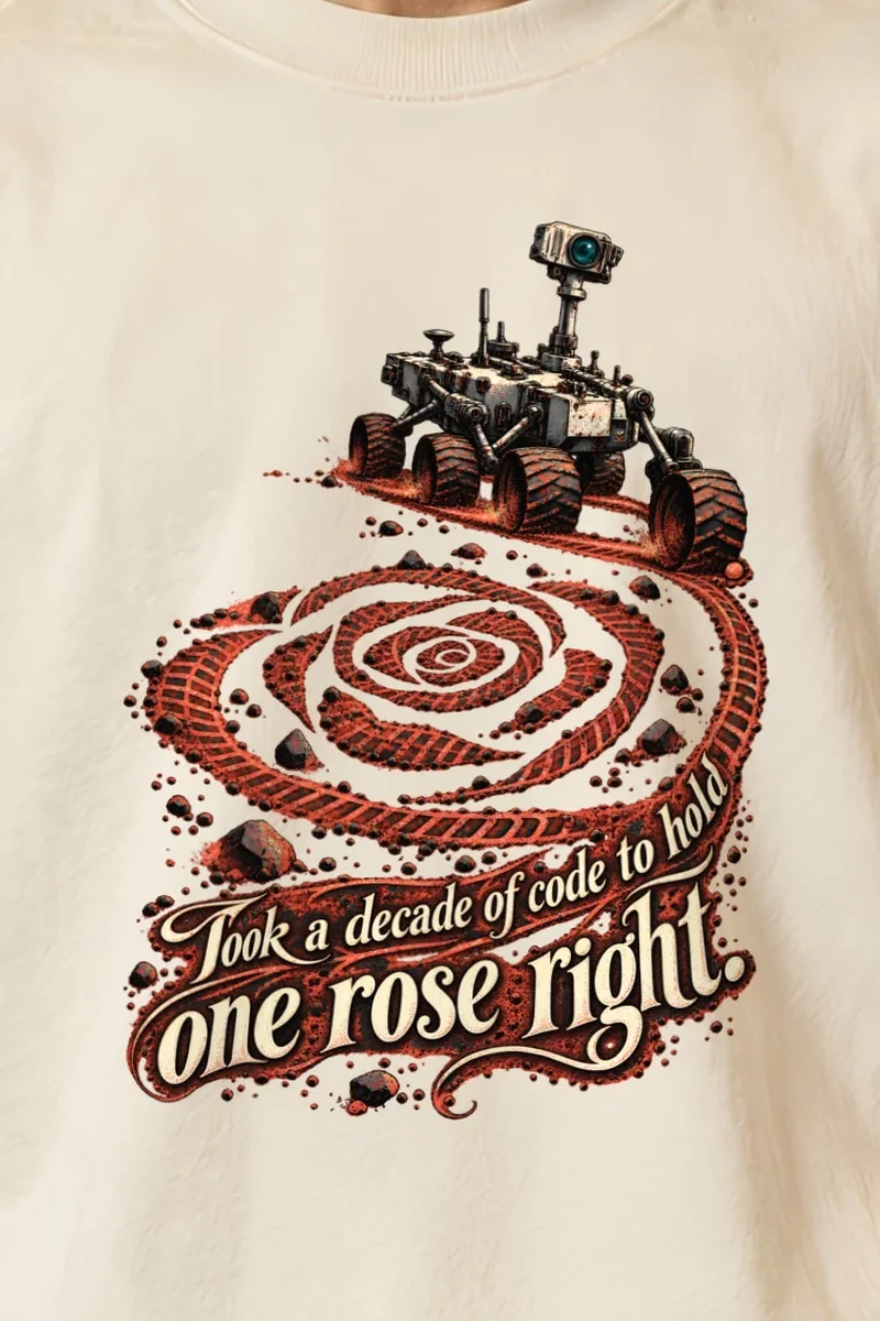 "Rover Track Rose" Unisex Oversized Heavyweight Crewneck T-Shirt - the graphic up close