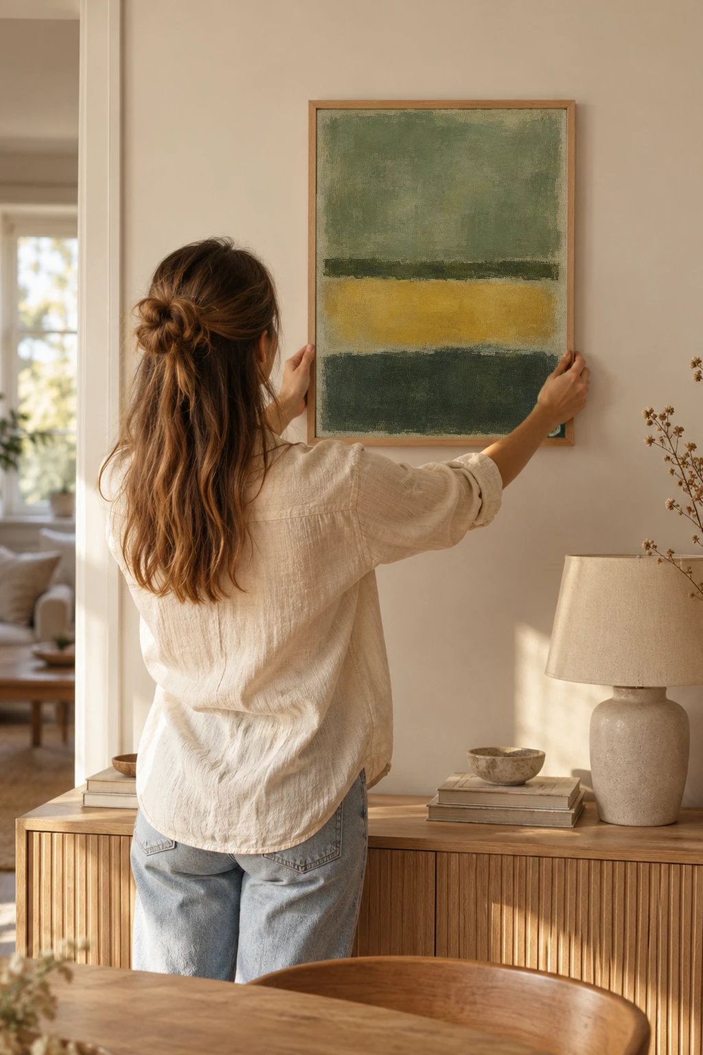 "Sage and Mustard Color Fields" Premium Wooden Framed Poster