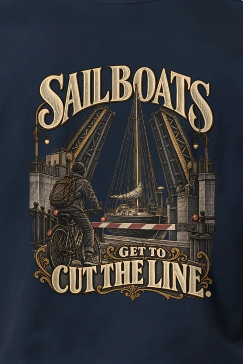 "Sailboats Get to Cut the Line" Heavyweight Unisex Crewneck T-shirt - the graphic up close