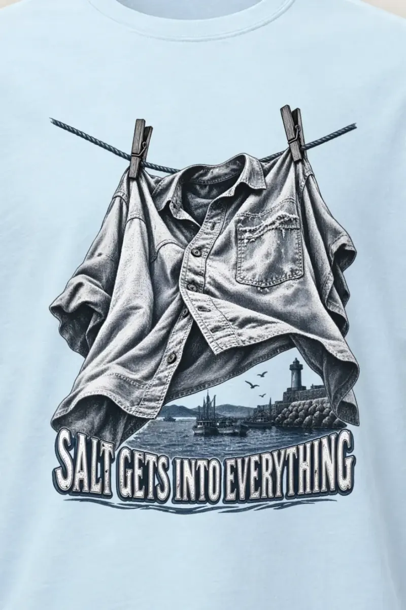 "Salt Gets Into Everything" Heavyweight Unisex Crewneck T-shirt - the graphic up close