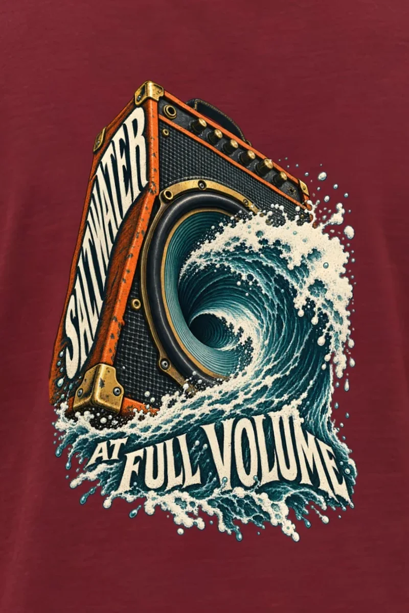 "Saltwater at Full Volume" Heavyweight Unisex Crewneck T-shirt - the graphic up close