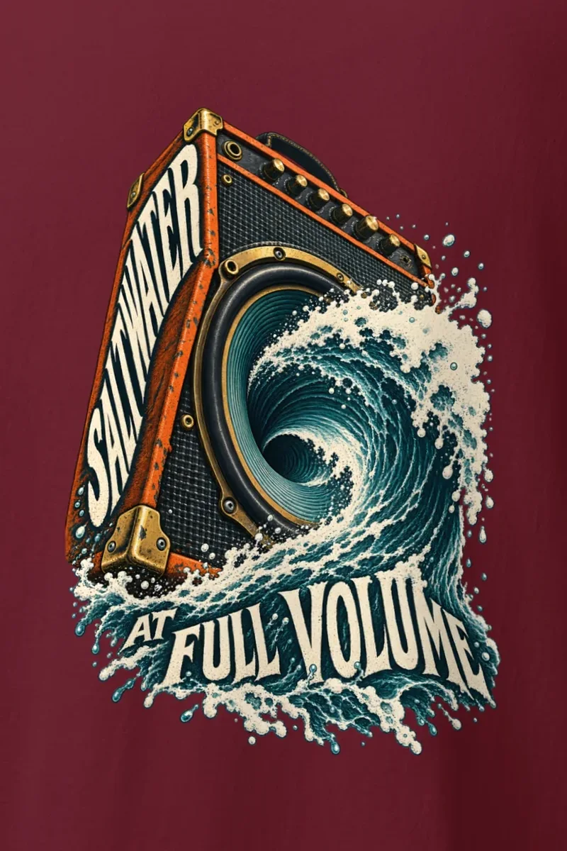 "Saltwater at Full Volume" Heavyweight Unisex Crewneck T-shirt - the graphic up close