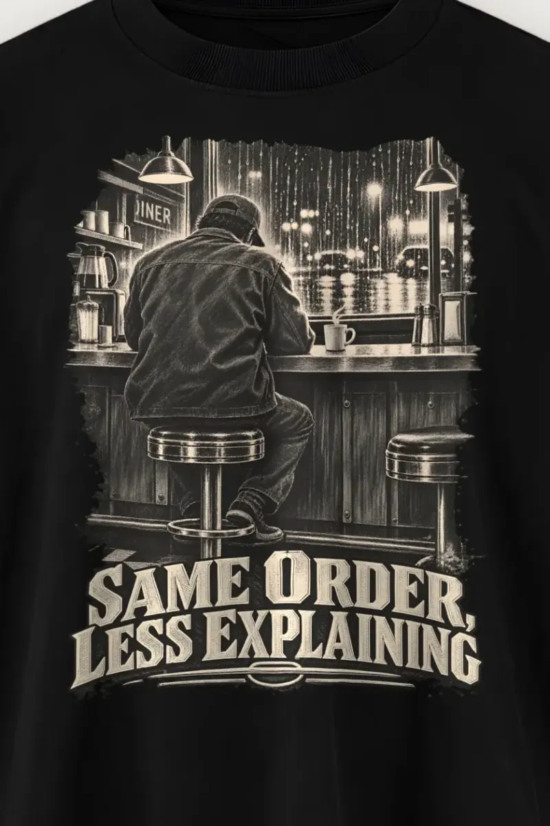"Same Order, Less Explaining" Men’s Oversized Heavyweight Crewneck T-Shirt - the graphic up close
