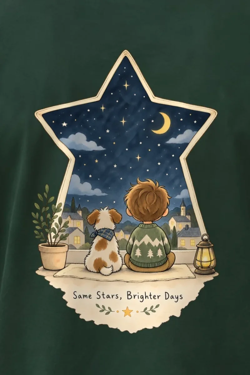 "Same Stars, Brighter Days" Heavyweight Unisex Crewneck T-shirt - the graphic up close