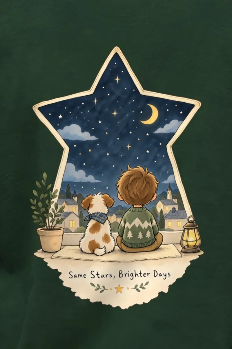 "Same Stars, Brighter Days" Unisex Longsleeve T-shirt - the graphic up close