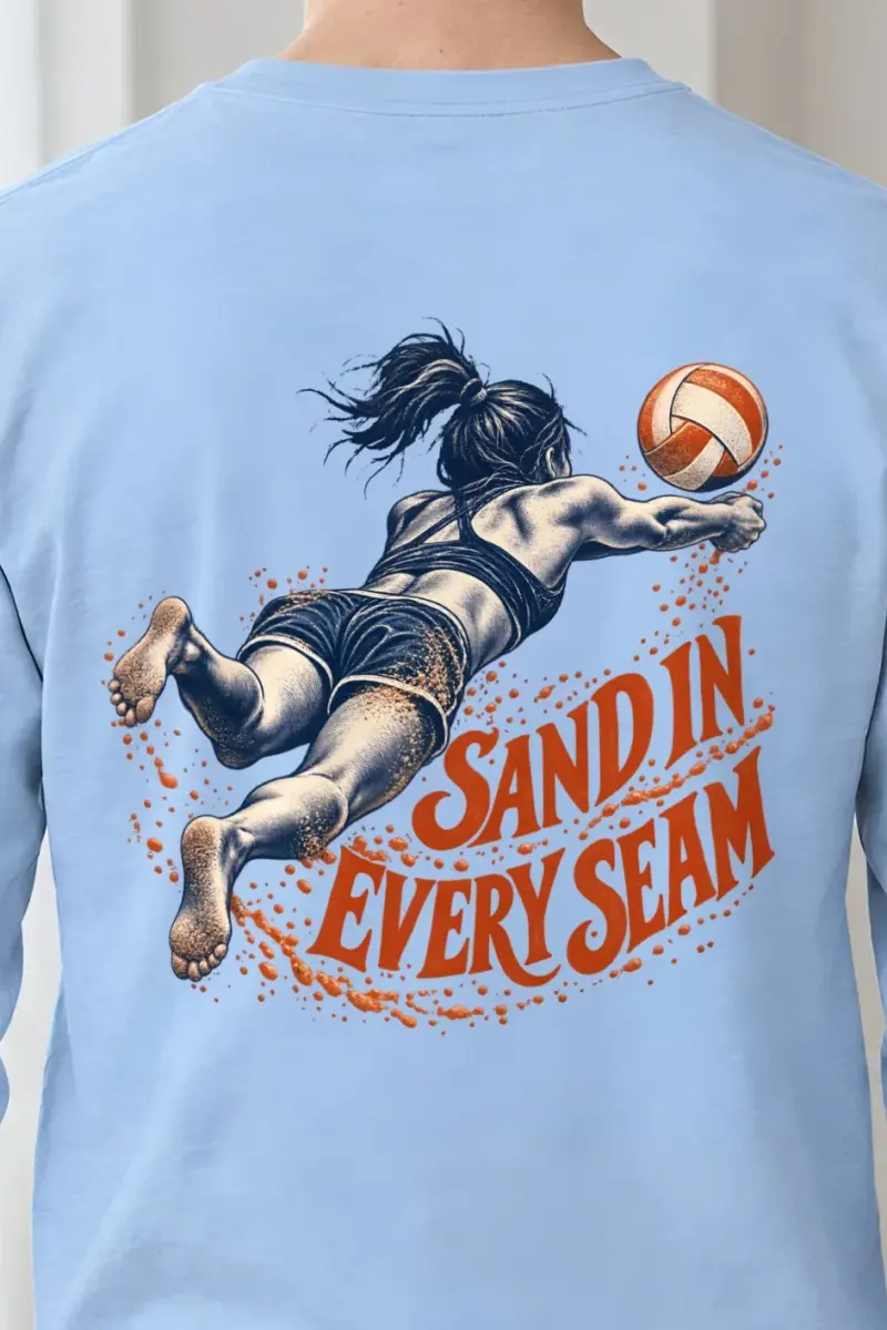 "Sand in Every Seam" Unisex Longsleeve T-shirt - the graphic up close