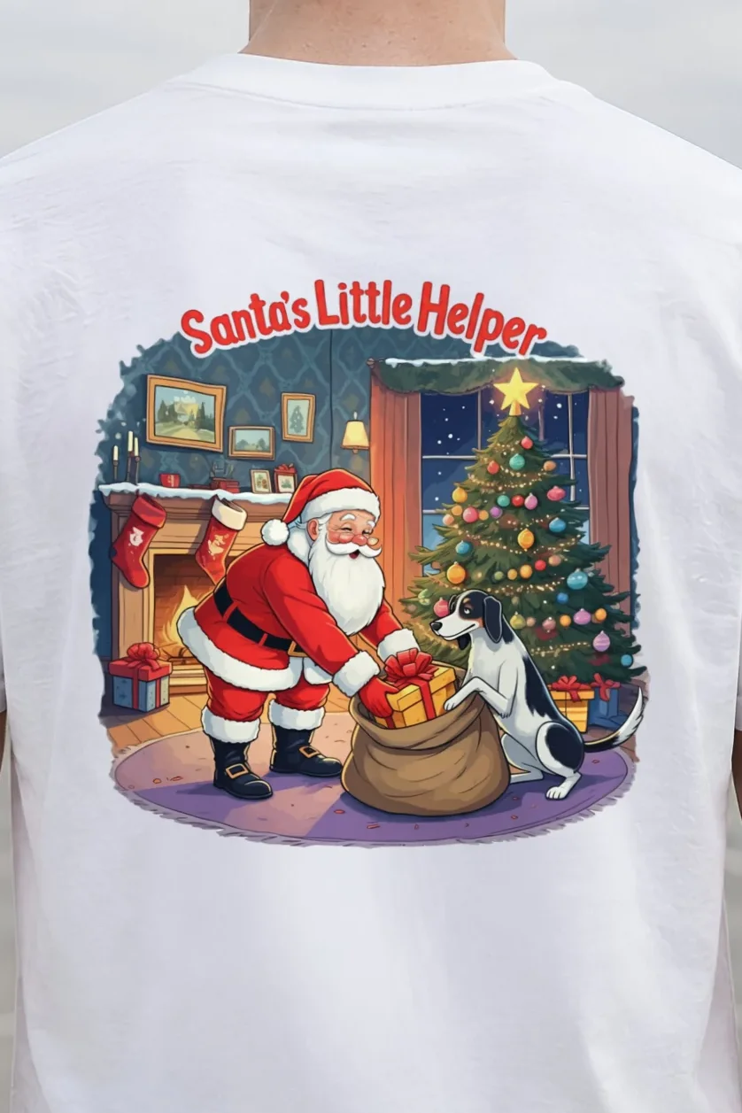 "Santa’s Little Helper" Heavyweight Unisex Crewneck T-shirt - the graphic up close