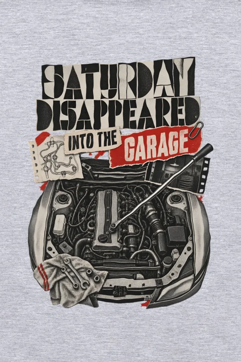 "Saturday Disappeared Into the Garage" Unisex Longsleeve T-shirt - the graphic up close