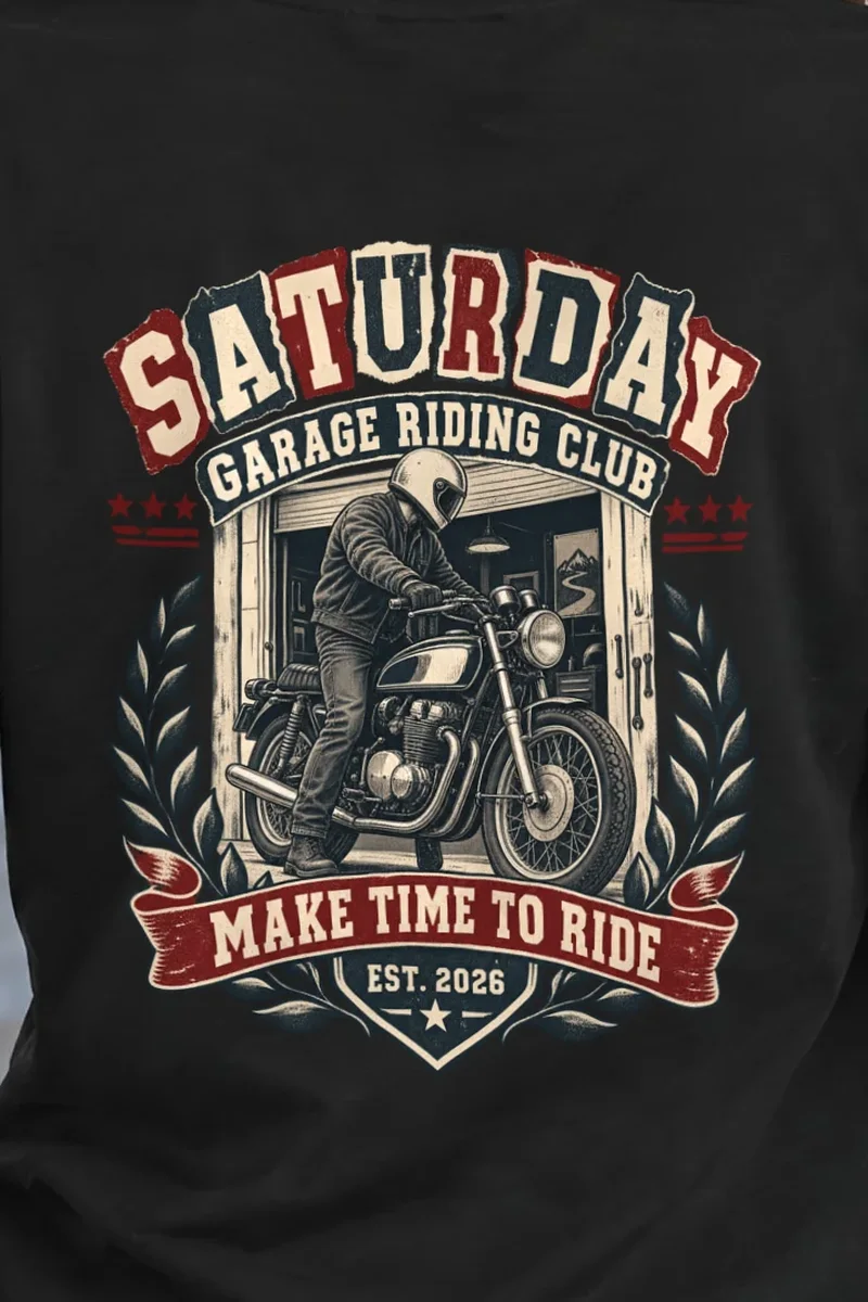 "Saturday Garage Riding Club" Heavyweight Unisex Crewneck T-shirt - the graphic up close