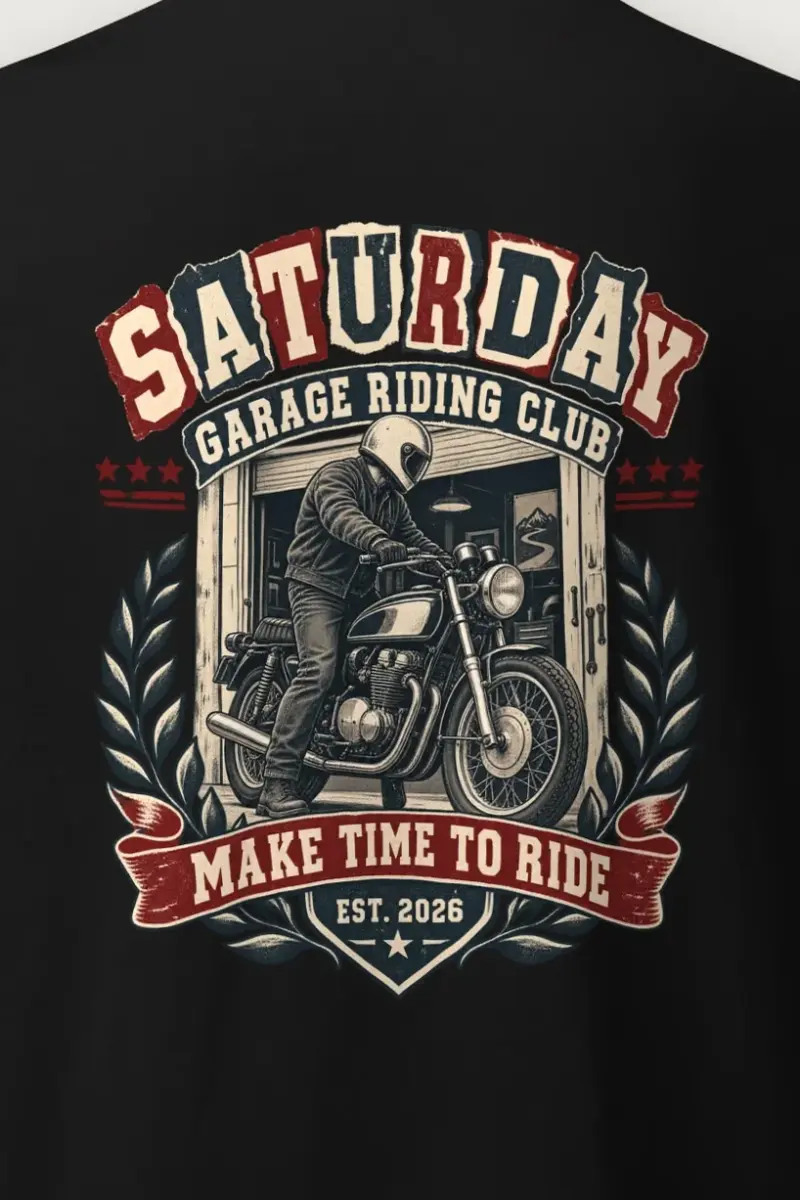 "Saturday Garage Riding Club" Heavyweight Unisex Crewneck T-shirt - the graphic up close