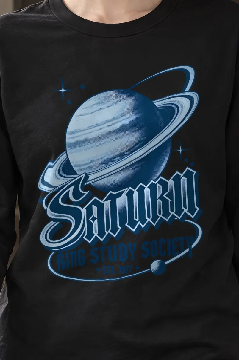 "Saturn Ring Study Society" Unisex Longsleeve T-shirt - the graphic up close