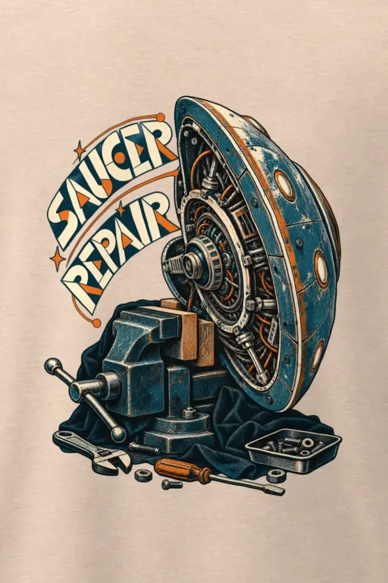 "Saucer Repair" Men’s Oversized Heavyweight Crewneck T-Shirt - the graphic up close