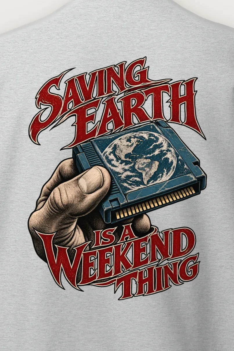 "Saving Earth Is a Weekend Thing" Heavy Blend Unisex Crewneck Sweatshirt - the graphic up close