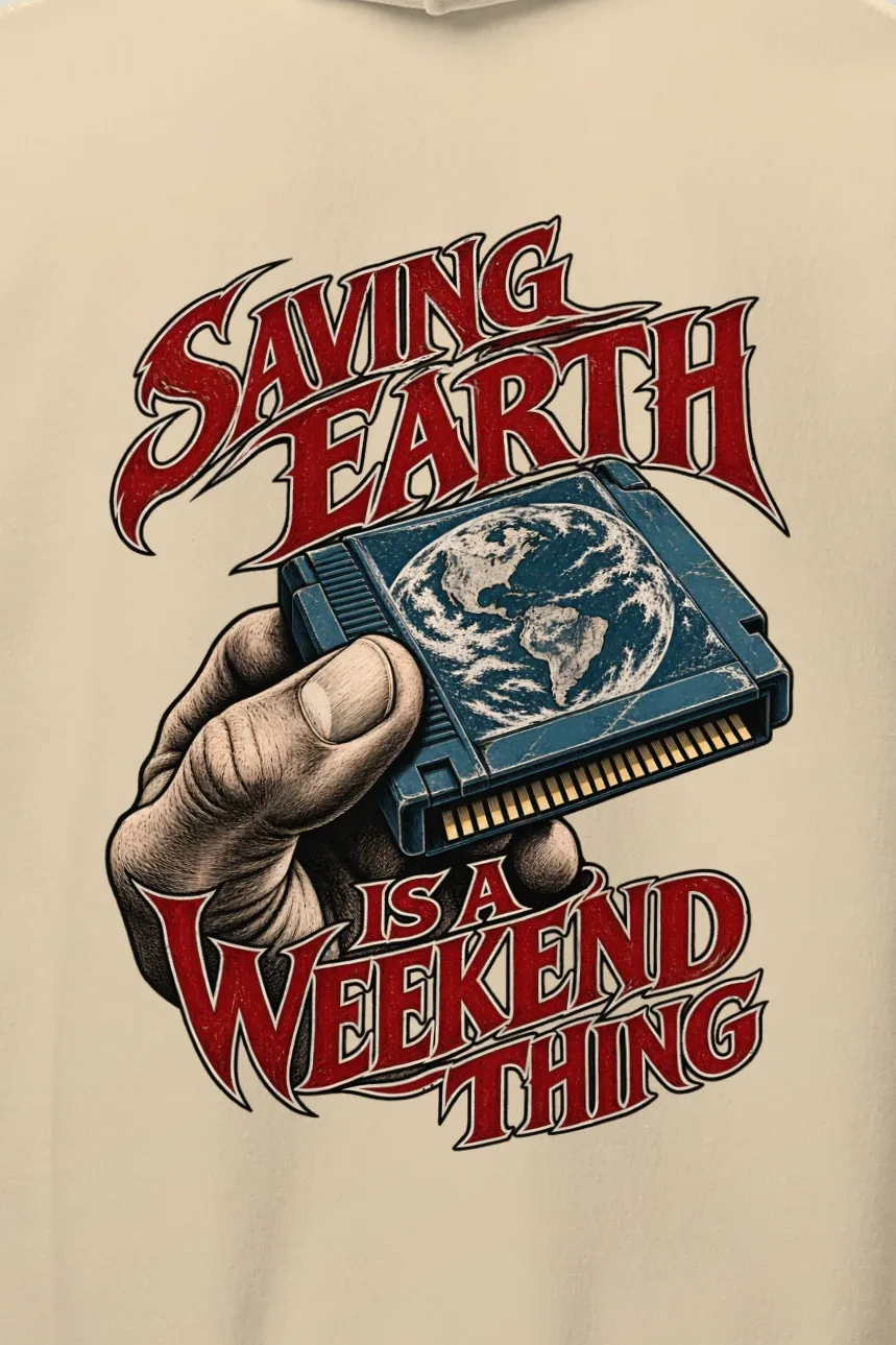 "Saving Earth Is a Weekend Thing" Heavy Blend Unisex Pullover Hoodie - the graphic up close