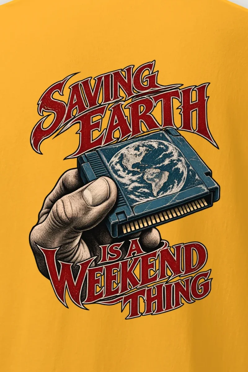 "Saving Earth Is a Weekend Thing" Heavyweight Unisex Crewneck T-shirt - the graphic up close