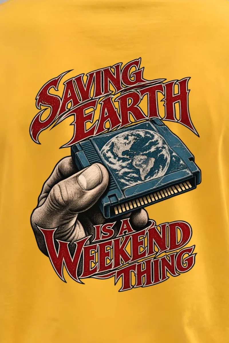 "Saving Earth Is a Weekend Thing" Heavyweight Unisex Crewneck T-shirt - the graphic up close