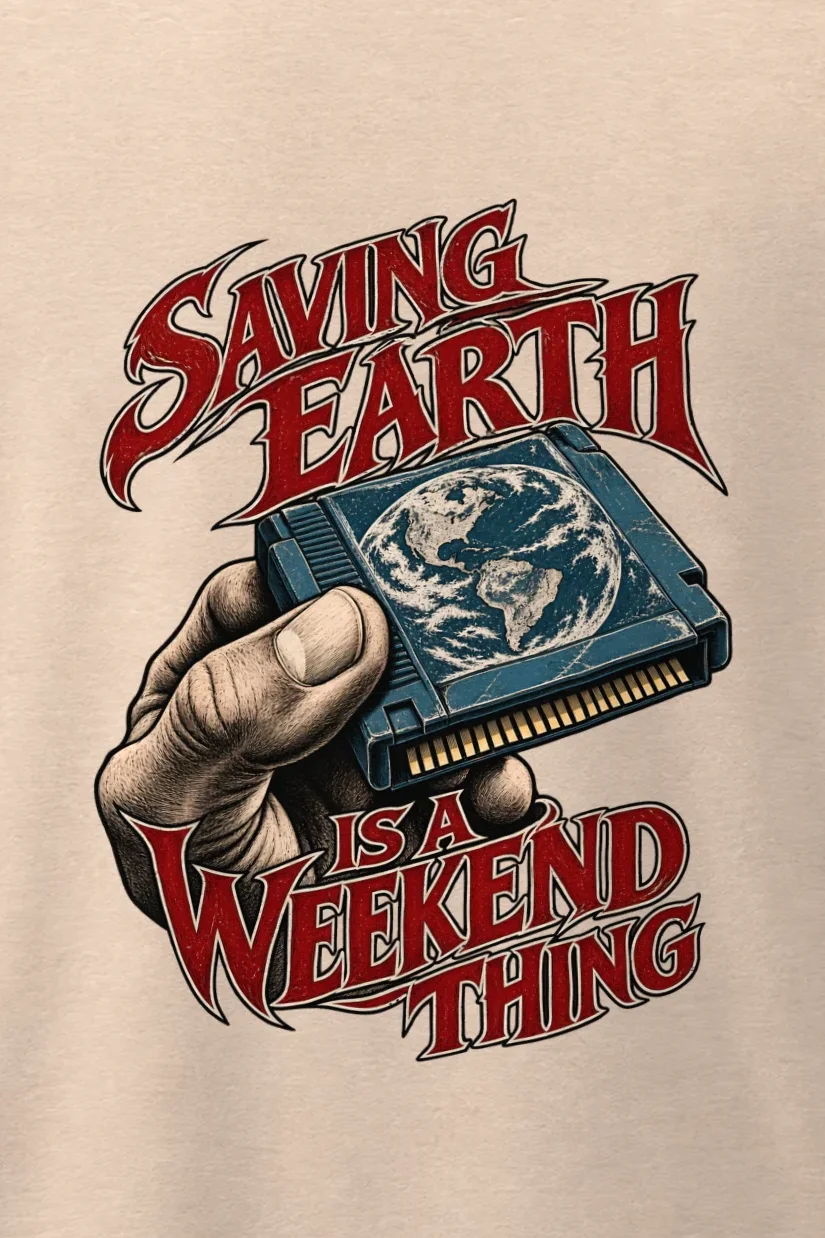 "Saving Earth Is a Weekend Thing" Men’s Oversized Heavyweight Crewneck T-Shirt - the graphic up close