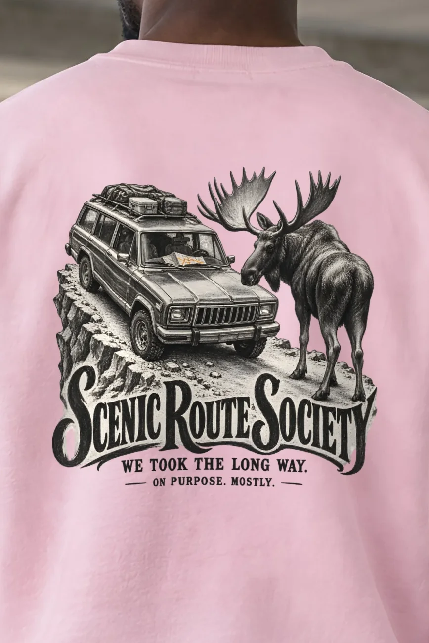 "Scenic Route Society" Heavy Blend Unisex Crewneck Sweatshirt - the graphic up close