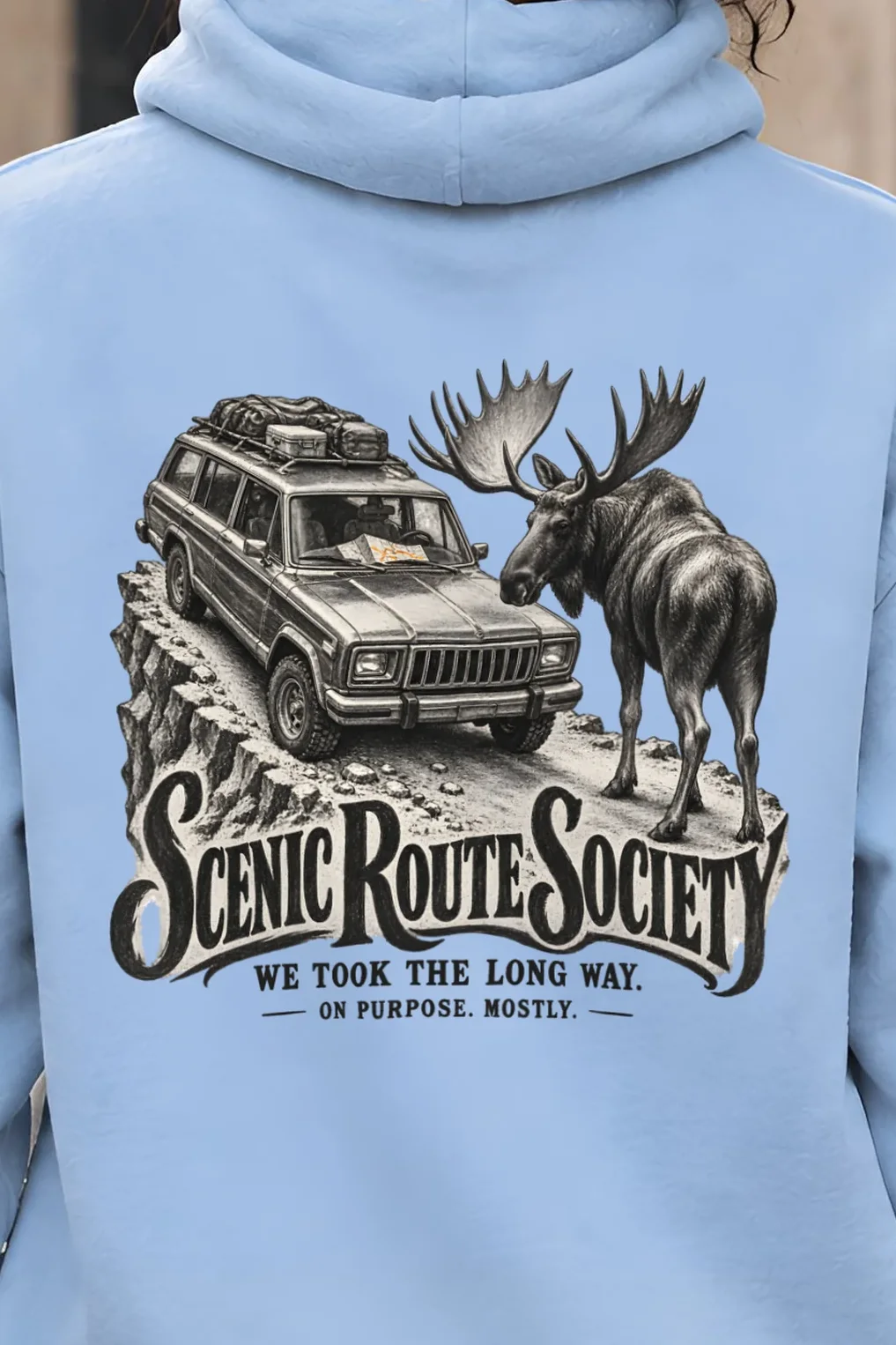"Scenic Route Society" Heavy Blend Unisex Pullover Hoodie - the graphic up close