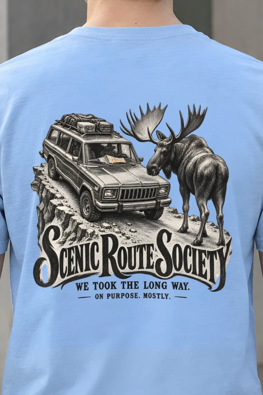 "Scenic Route Society" Heavyweight Unisex Crewneck T-shirt - the graphic up close