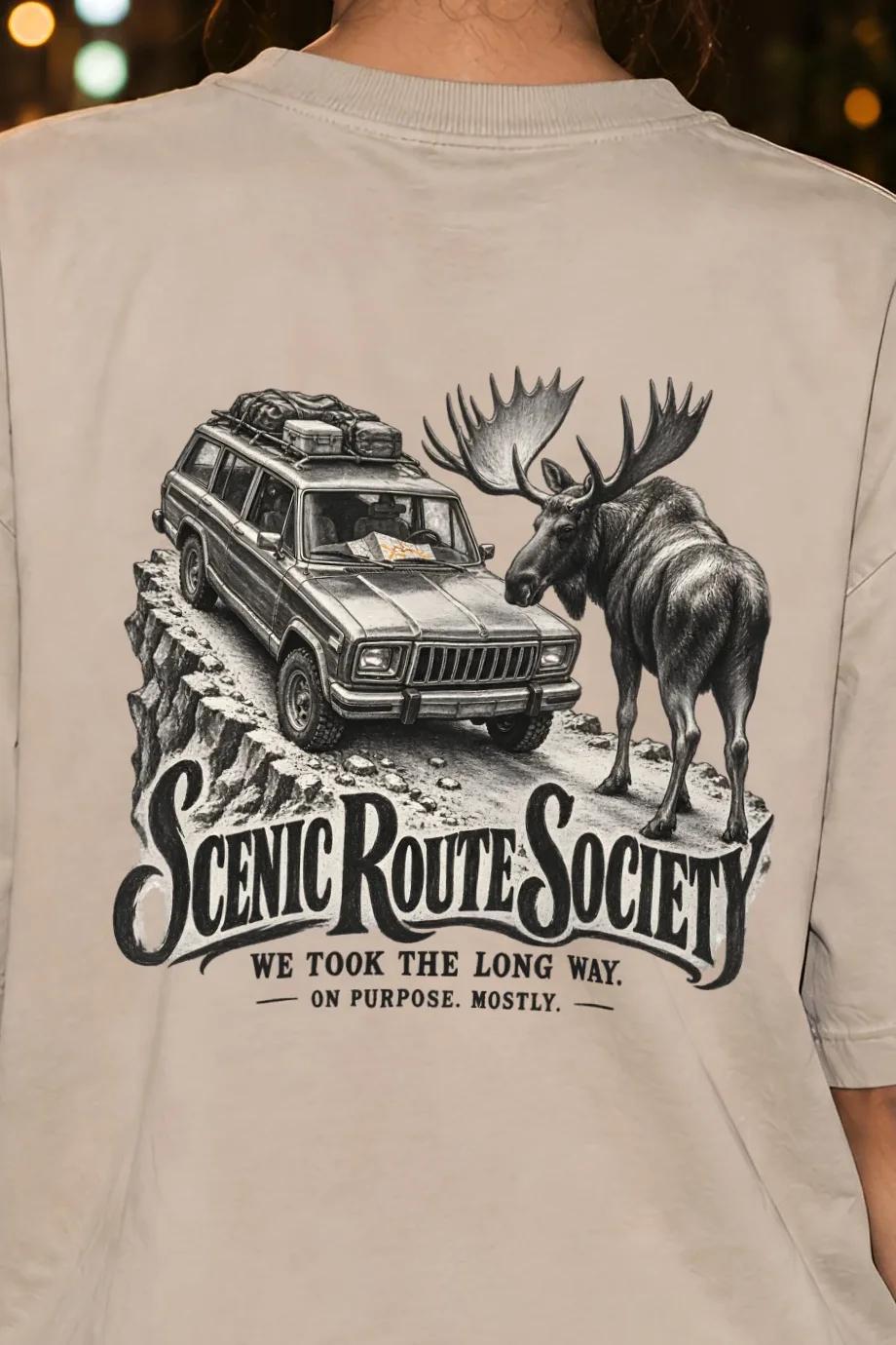 "Scenic Route Society" Unisex Oversized Heavyweight Crewneck T-Shirt - the graphic up close