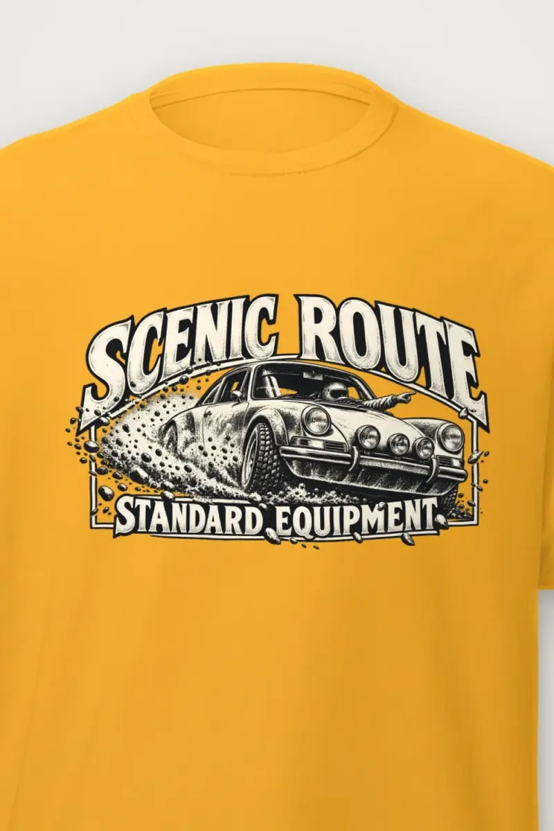 "Scenic Route Standard Equipment" Heavyweight Unisex Crewneck T-shirt - the graphic up close