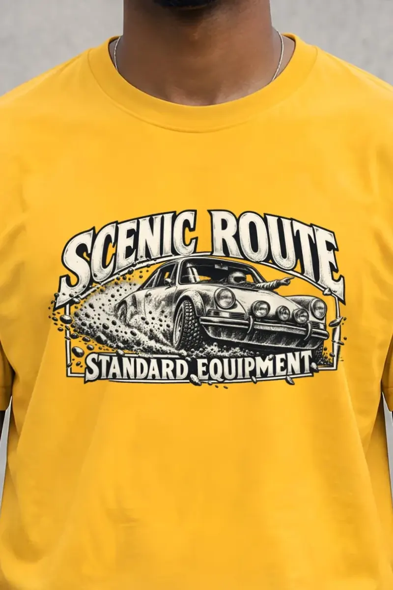 "Scenic Route Standard Equipment" Heavyweight Unisex Crewneck T-shirt - the graphic up close