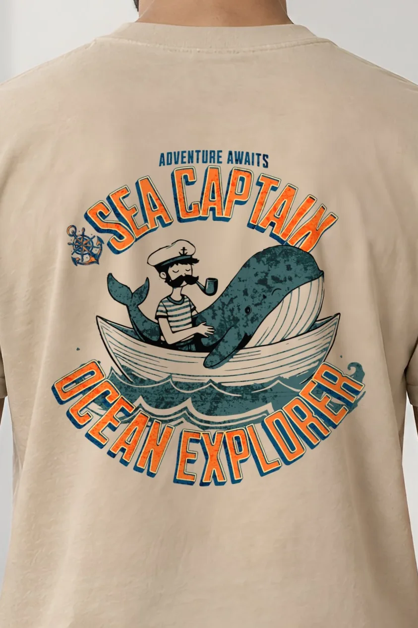"Sea Captain Adventure" Heavyweight Unisex Crewneck T-shirt - the graphic up close