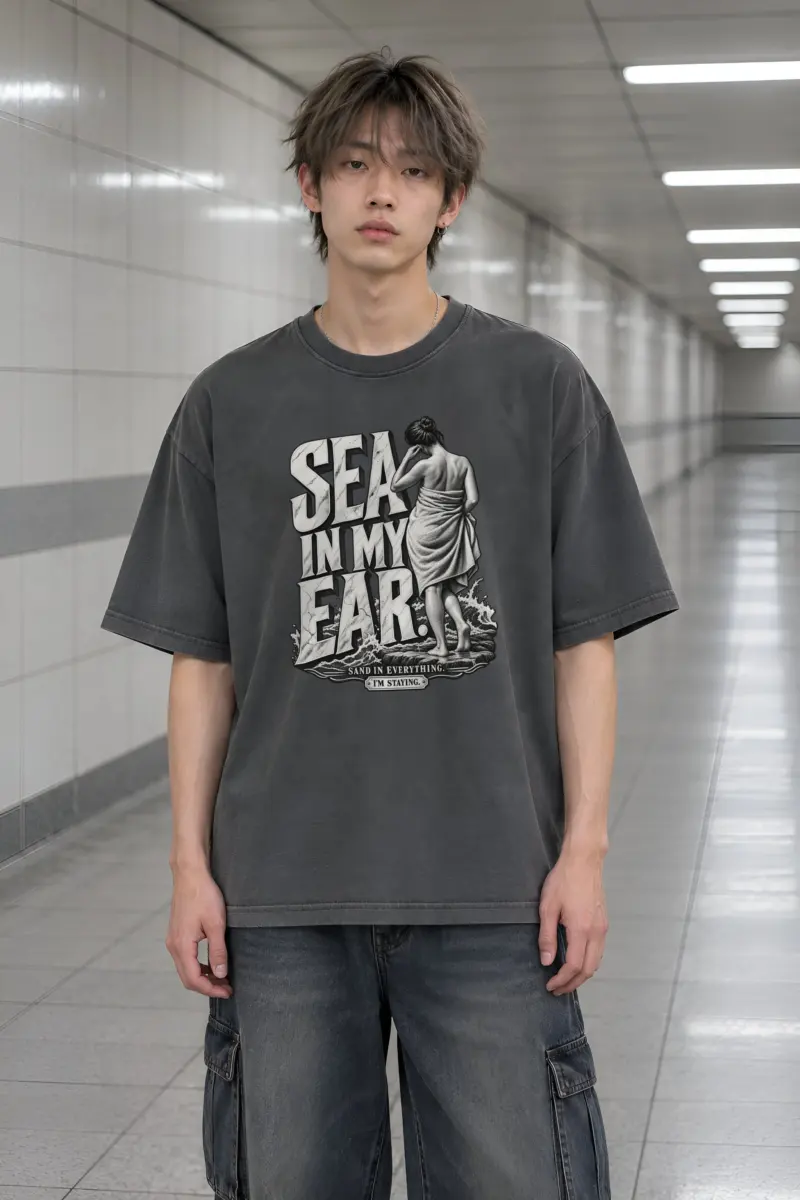 "SEA IN MY EAR." Men's Oversized Heavyweight Crewneck T-Shirt