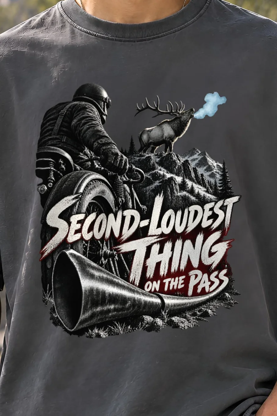 "Second-Loudest Thing on the Pass" Unisex Oversized Heavyweight Crewneck T-Shirt - the graphic up close