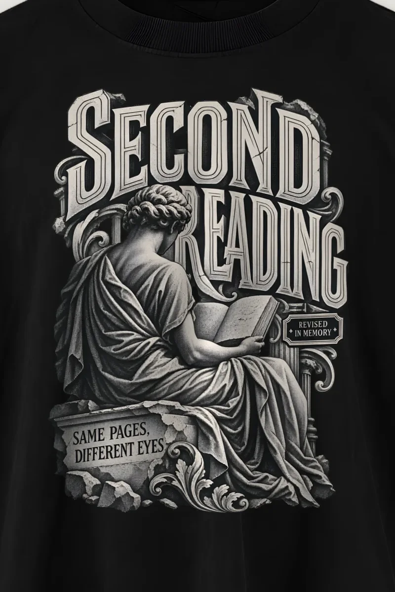 "Second Reading" Men’s Oversized Heavyweight Crewneck T-Shirt - the graphic up close