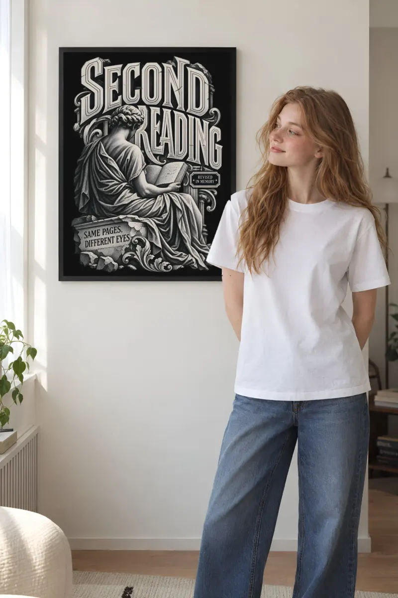 "Second Reading Statue Reader" Premium Wooden Framed Poster