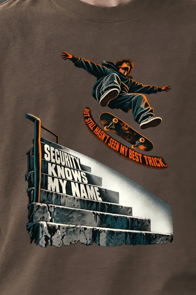"Security Knows My Name" Unisex Oversized Heavyweight Crewneck T-Shirt - the graphic up close