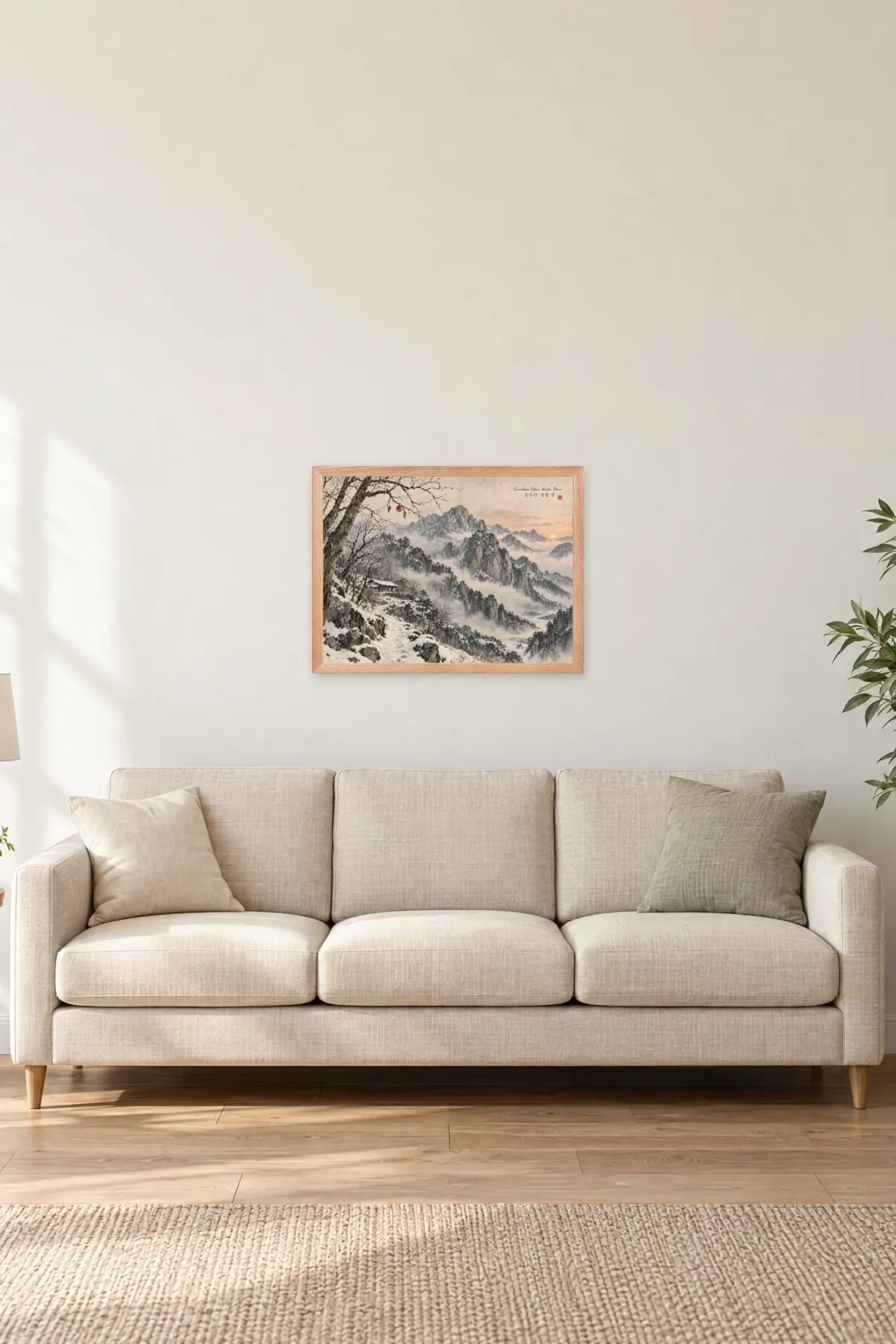 "Seoraksan Silence: Winter Dawn" Premium Wooden Framed Poster · Landscape — Natural Wood frame, 24 × 18 in