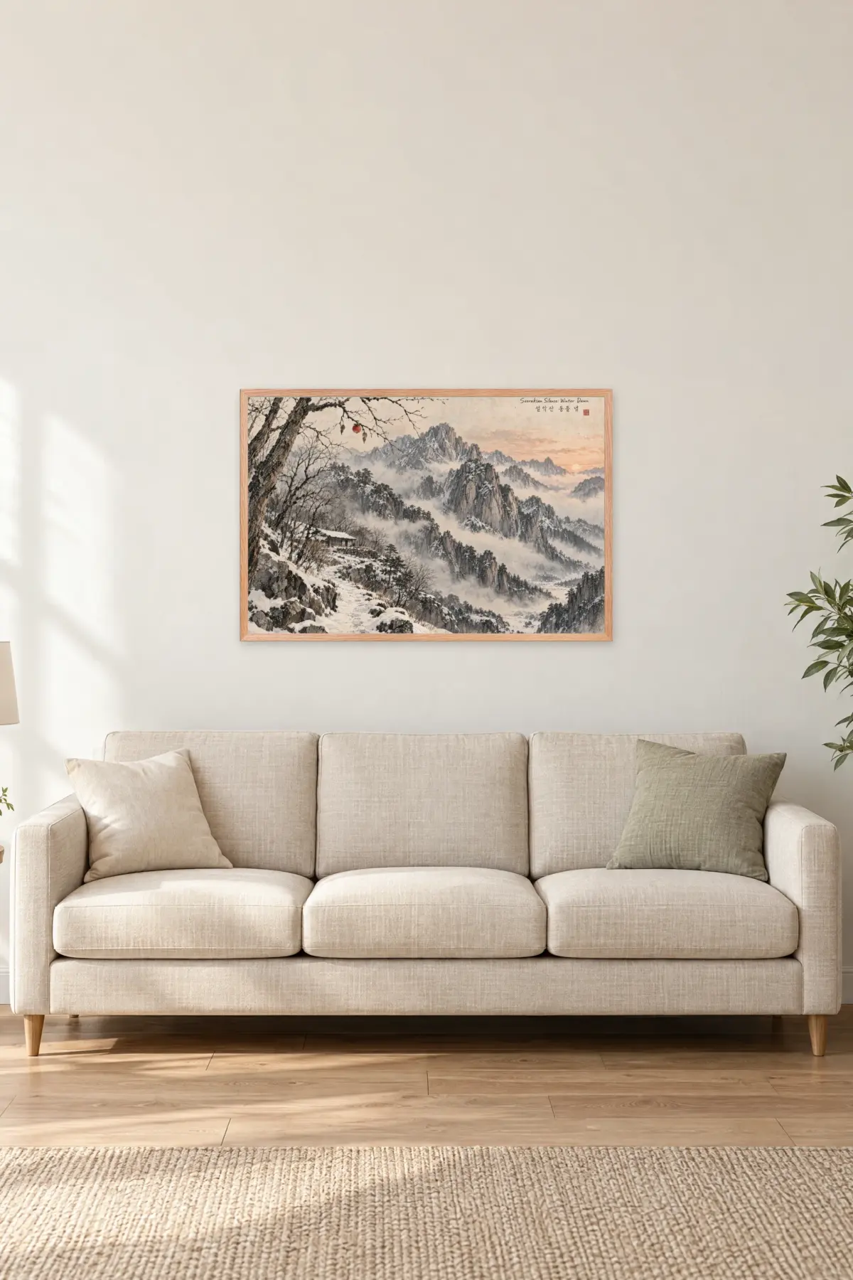 "Seoraksan Silence: Winter Dawn" Premium Wooden Framed Poster · Landscape — Natural Wood frame, 36 × 24 in