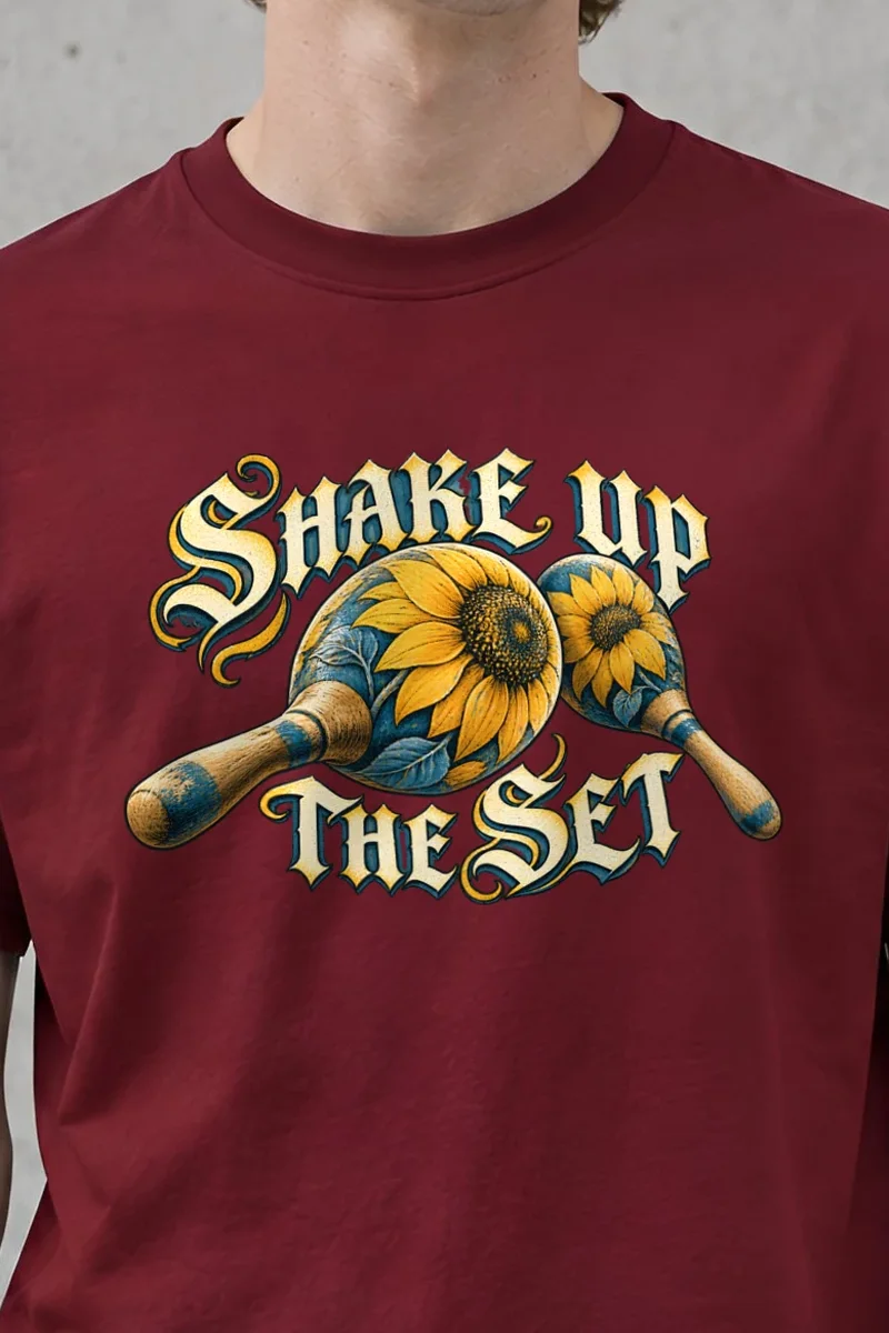 "Shake Up the Set" Heavyweight Unisex Crewneck T-shirt - the graphic up close