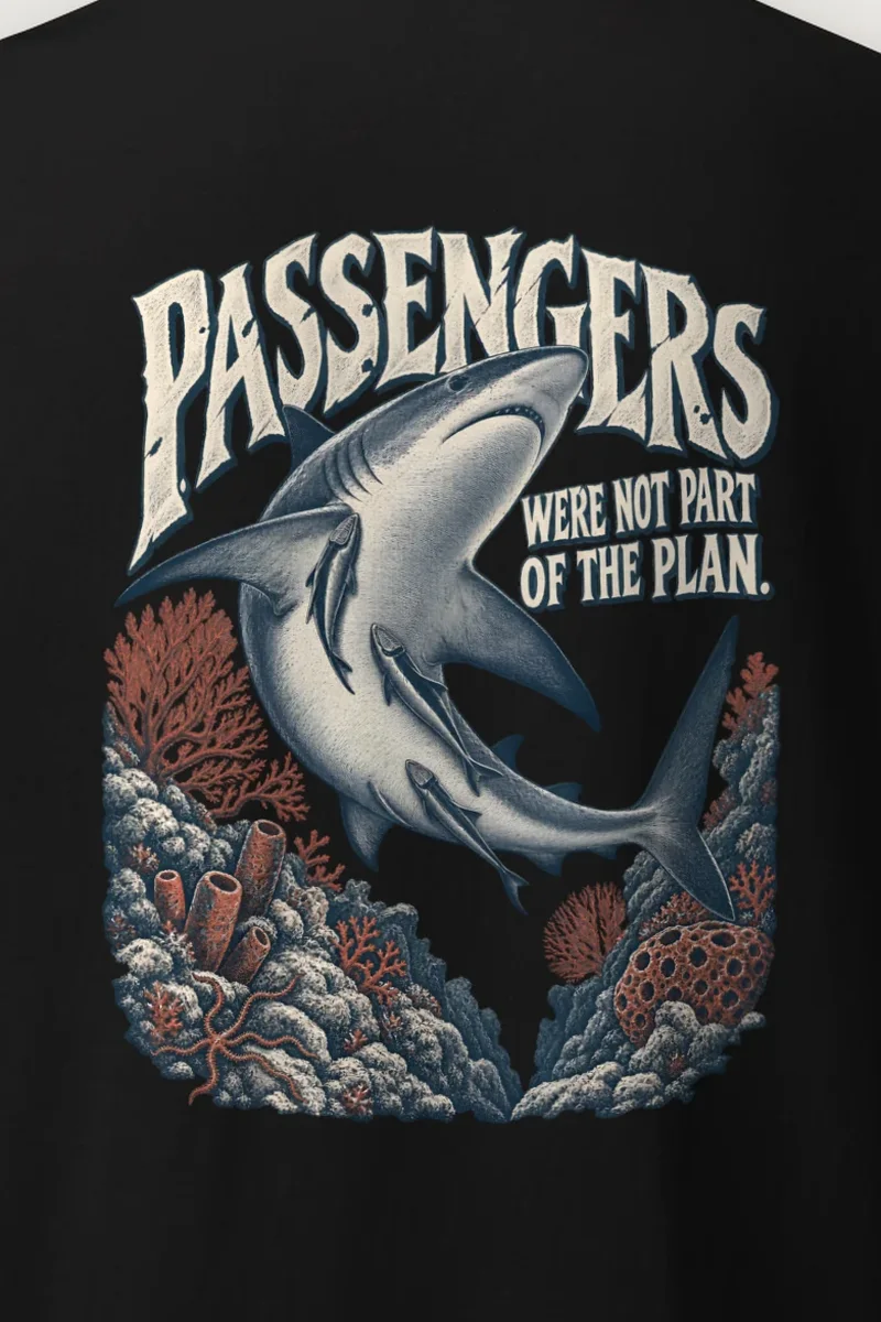 "Shark With Remora Passengers" Heavyweight Unisex Crewneck T-shirt - the graphic up close