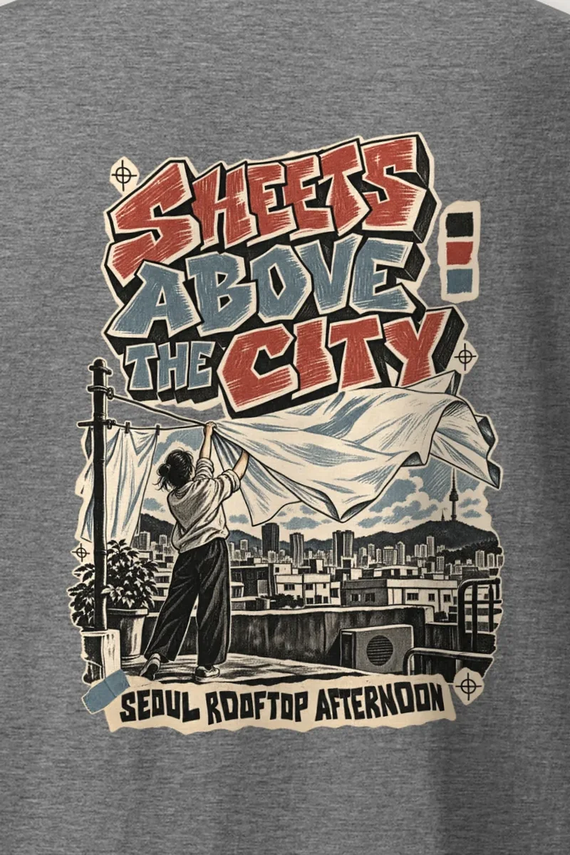 "Sheets Above the City" Heavyweight Unisex Crewneck T-shirt - the graphic up close