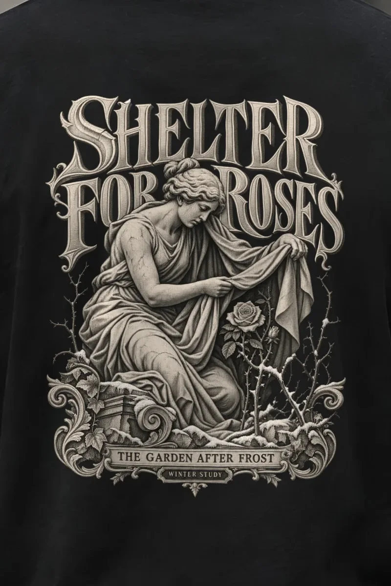 "Shelter For Roses" Unisex Longsleeve T-shirt - the graphic up close