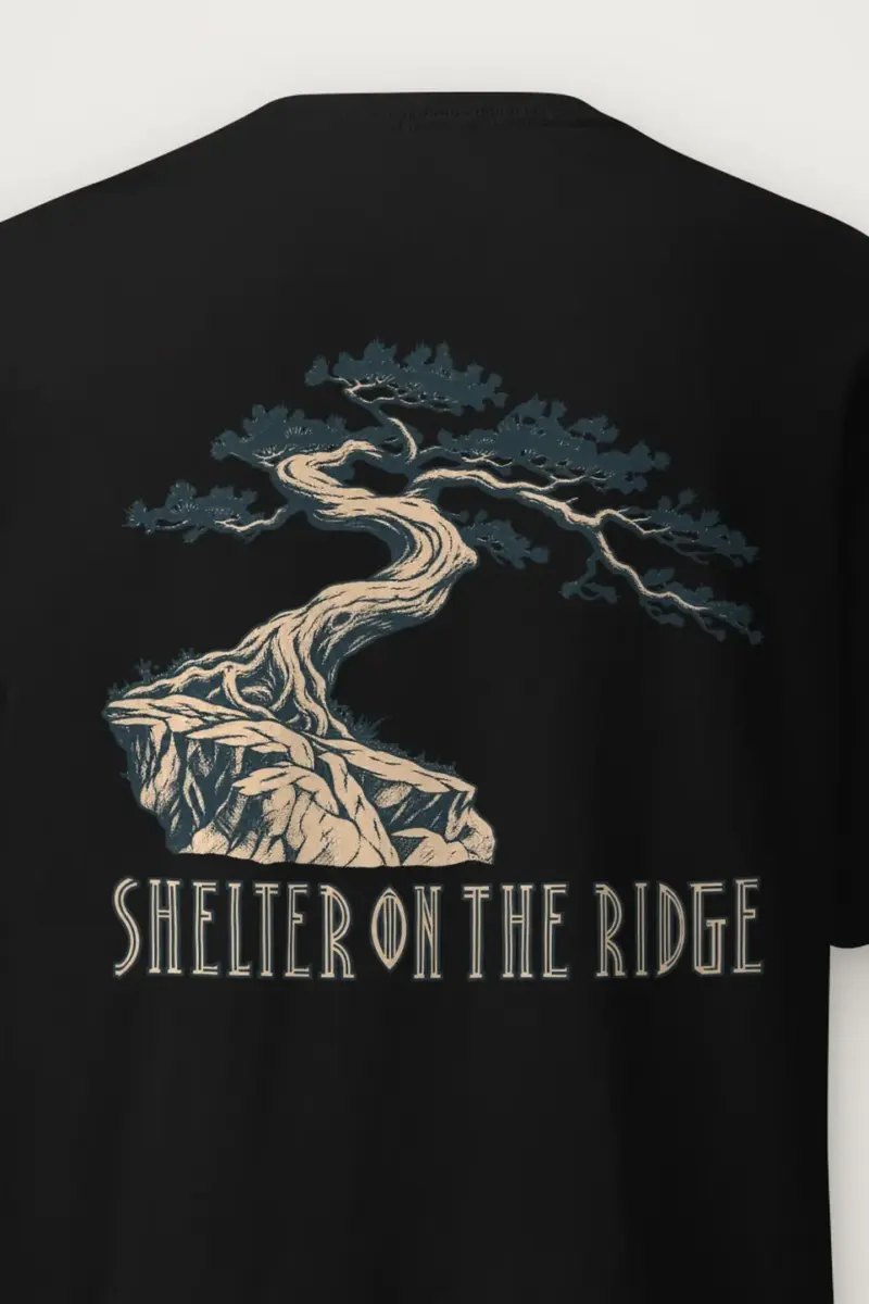 "Shelter on the Ridge" Heavyweight Unisex Crewneck T-shirt - the graphic up close