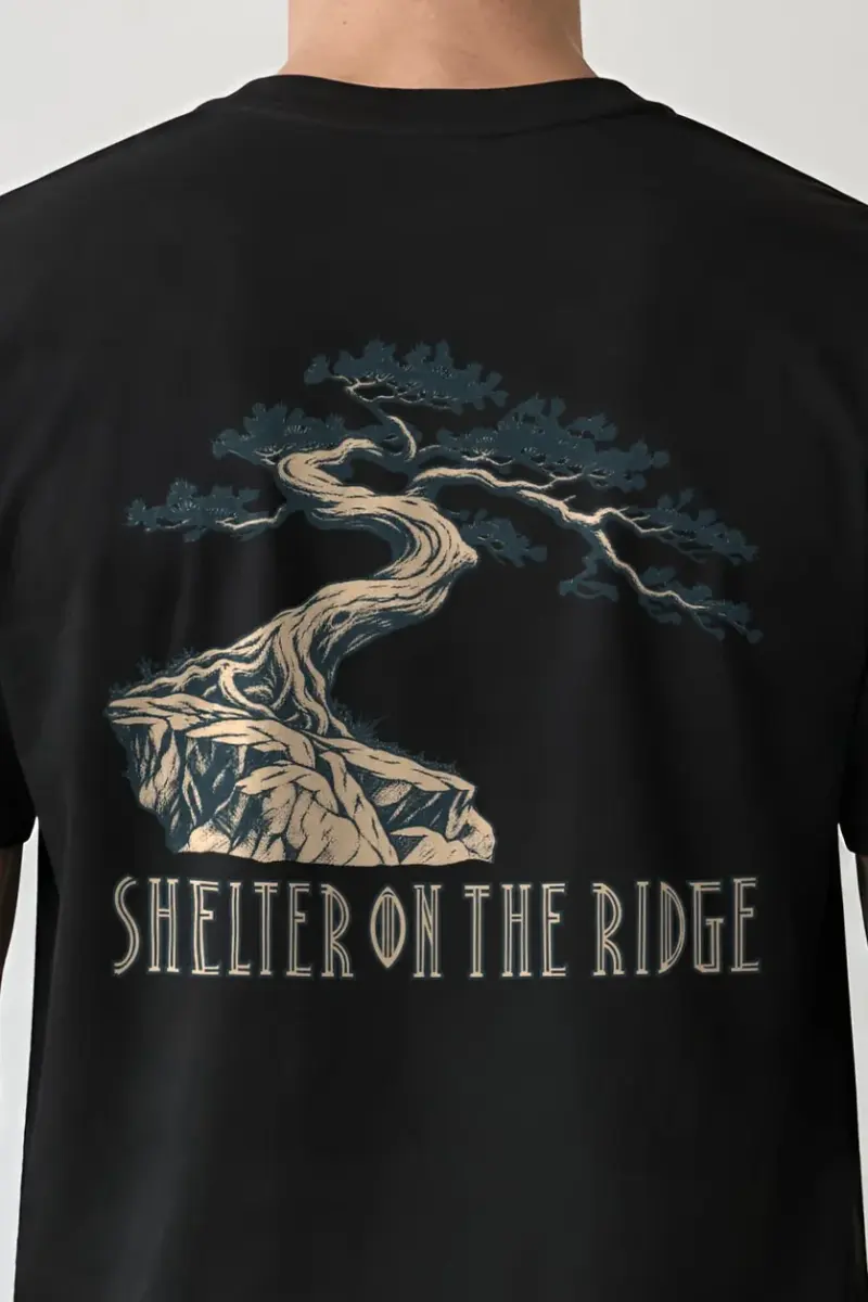 "Shelter on the Ridge" Heavyweight Unisex Crewneck T-shirt - the graphic up close