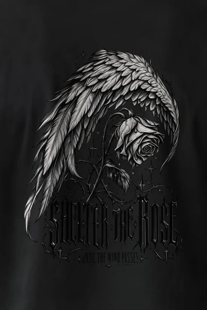 "Shelter the Rose Until the Wind Passes" Heavyweight Unisex Crewneck T-shirt - the graphic up close