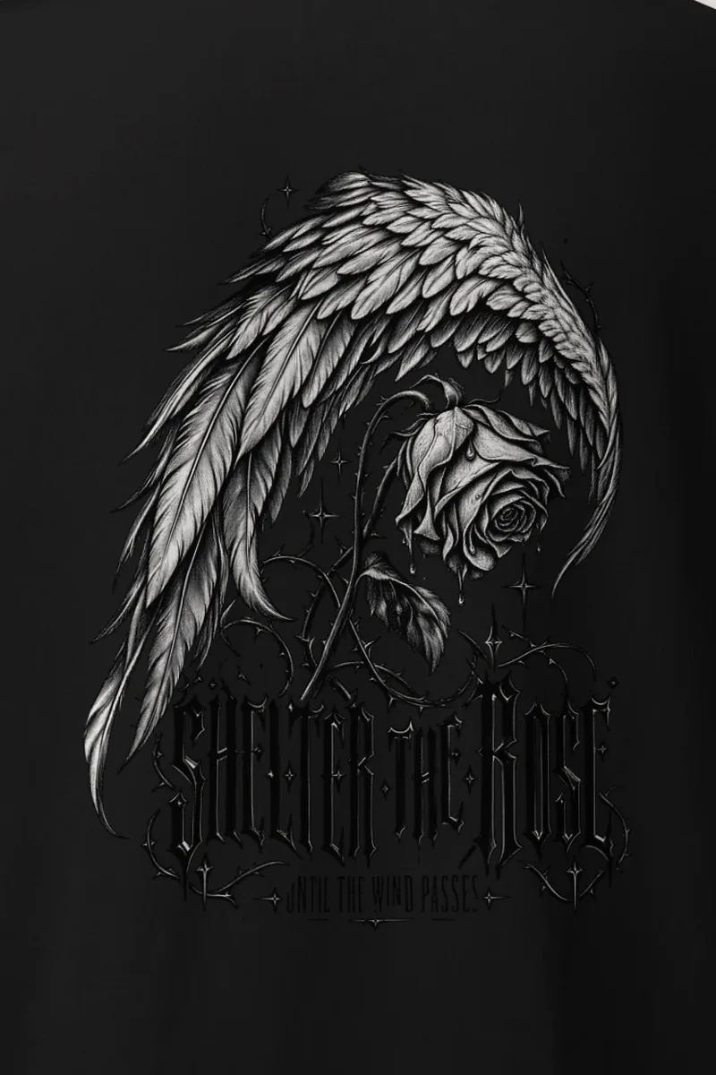 "Shelter the Rose Until the Wind Passes" Heavyweight Unisex Crewneck T-shirt - the graphic up close