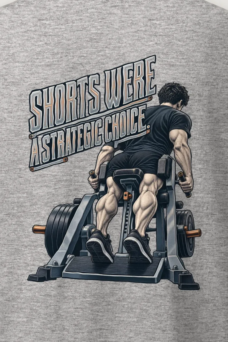 "Shorts Were a Strategic Choice" Heavyweight Unisex Crewneck T-shirt - the graphic up close