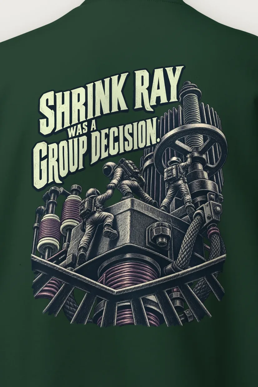 "Shrink Ray Group Decision" Heavy Blend Unisex Crewneck Sweatshirt - the graphic up close